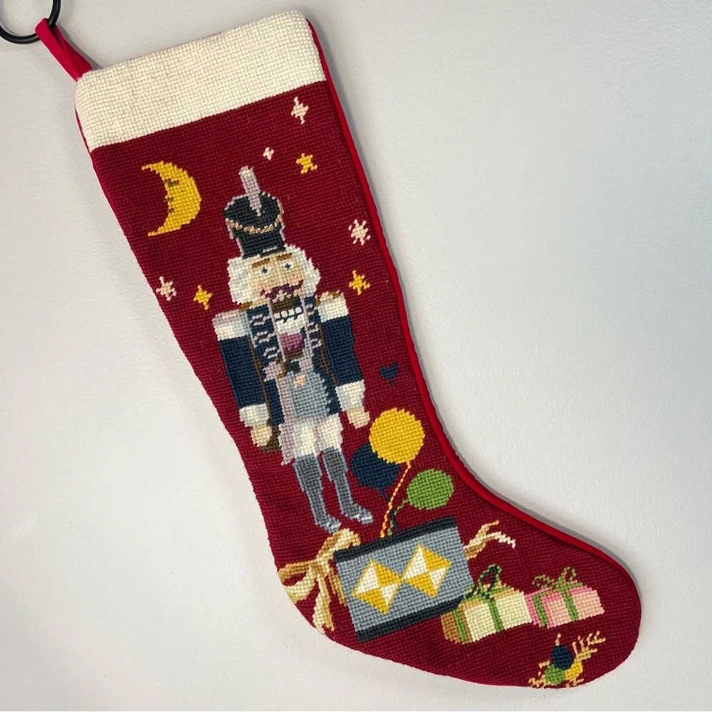 VTG Wool Needlepoint Nutcracker Christmas Stocking Red Velvet Back 20